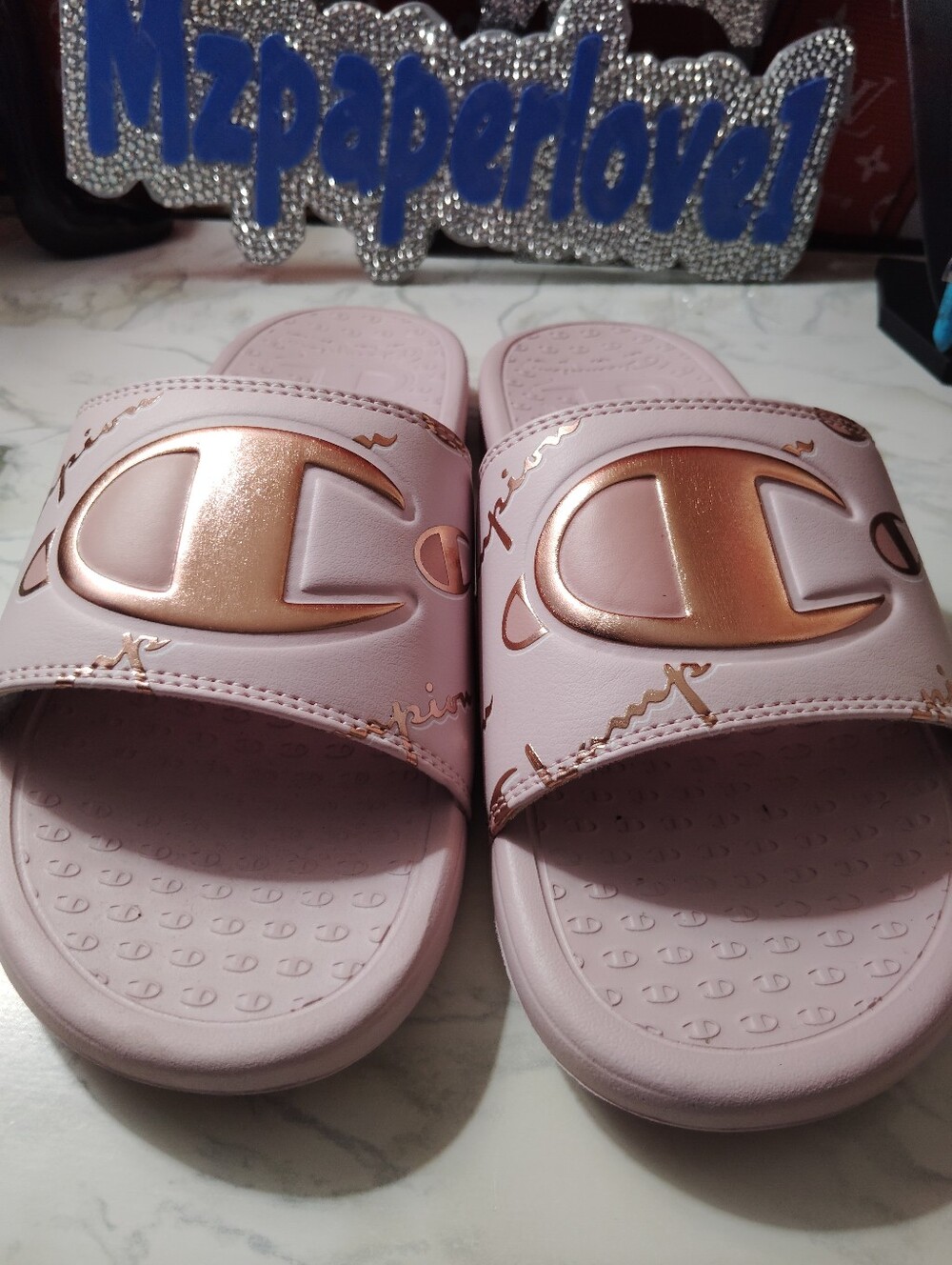 Champion Women’s Blush Pink Slide Sandals with Rose Gold Logo